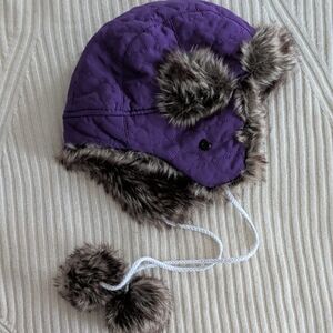Purple Quilted Winter Aviator Hat with Faux Fur Trim